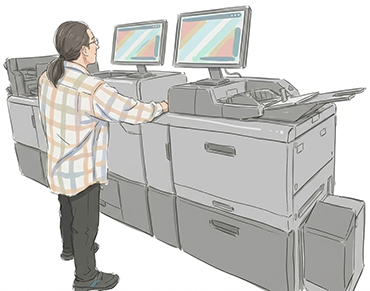 印刷機で作業中のスタッフのイラスト
